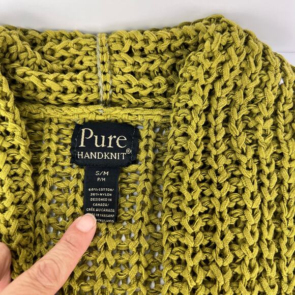 Pure Handknit Loose Open Knit Chunky Green Sweater Lagenlook Cardigan Size S/M - Picture 10 of 12